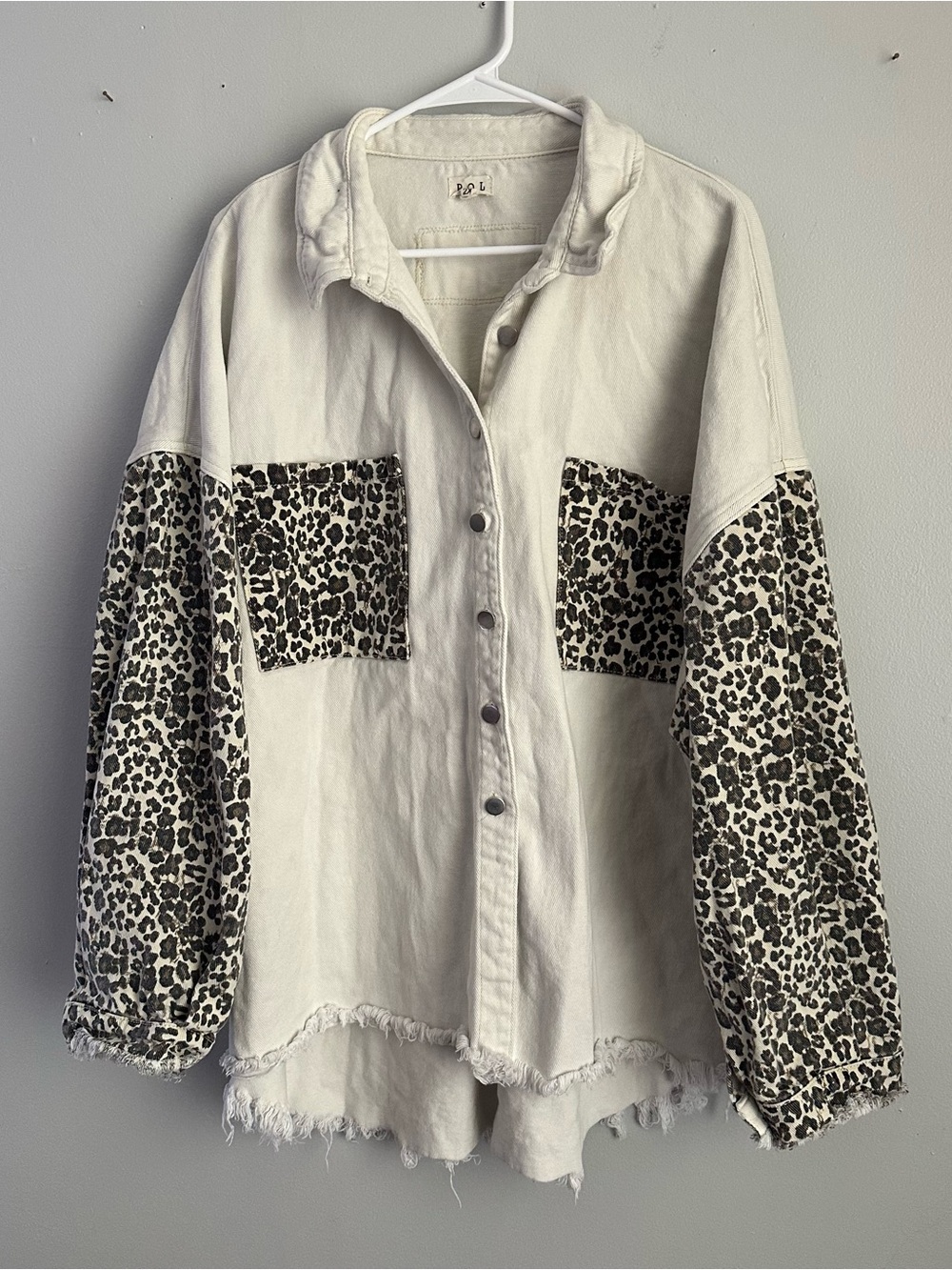 Women's Pol 2x Leopard off white cream Denim Jacket shacket 2xl button down
